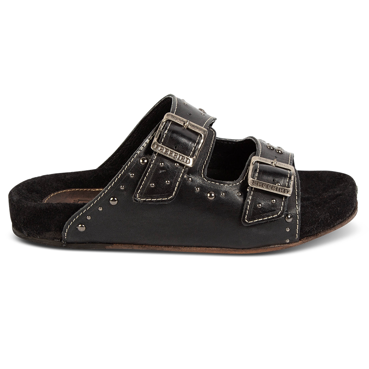 FREEBIRD women's Asher black sandal with adjustable belt buckles, a suede footbed and silver embellishments