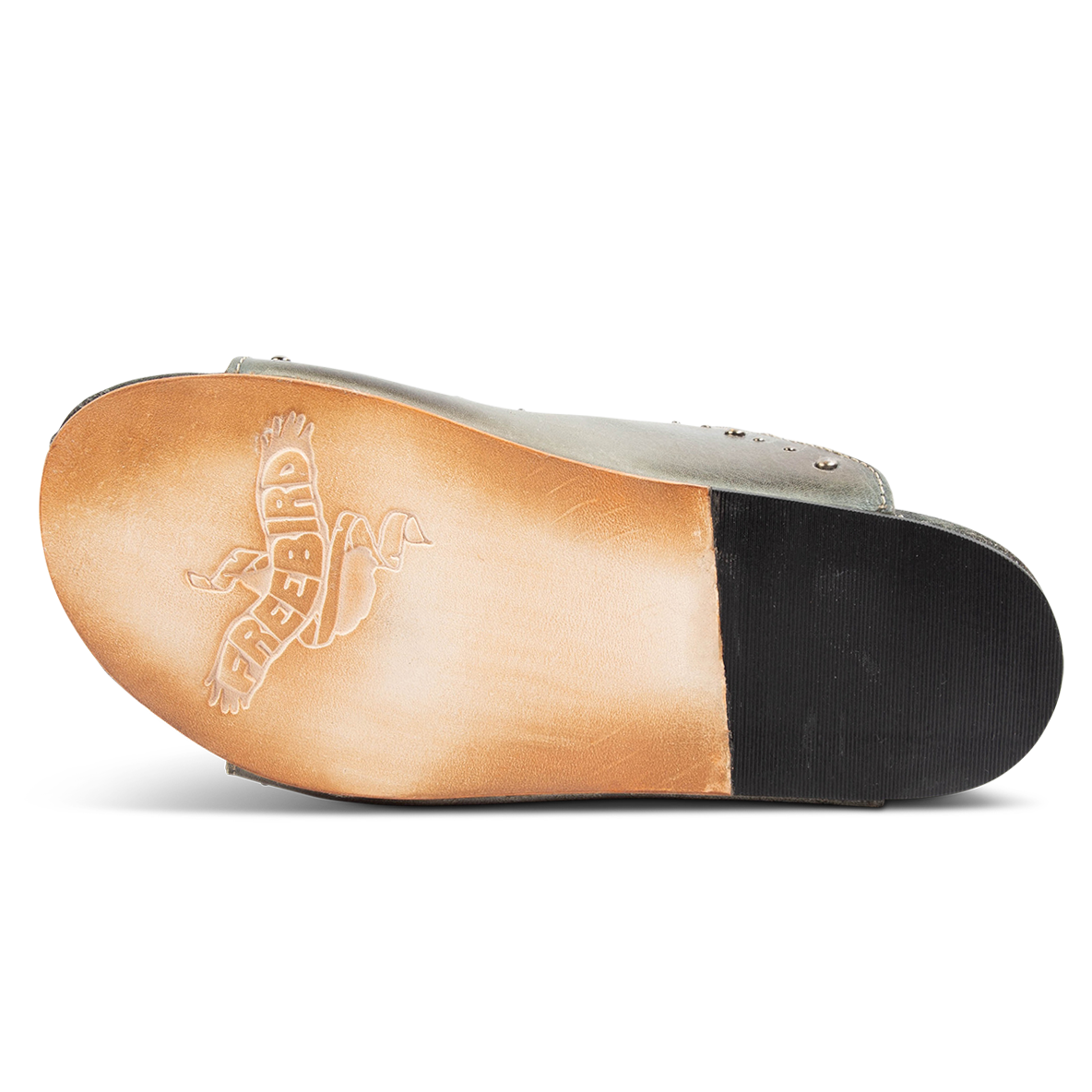 Leather sole with a tread heel imprinted with FREEBIRD on women's Asher blue sandal