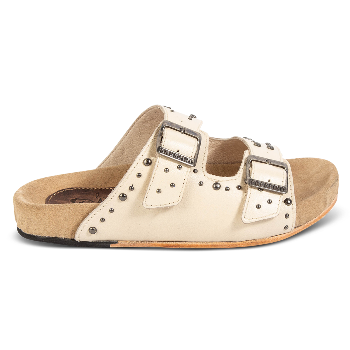 FREEBIRD women's Asher bone sandal with adjustable belt buckles, a suede footbed and silver embellishments