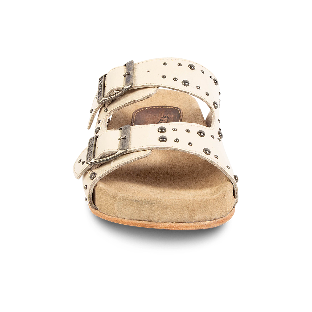 Front view showing FREEBIRD women's Asher bone sandal with adjustable belt buckles, a suede footbed and silver embellishments