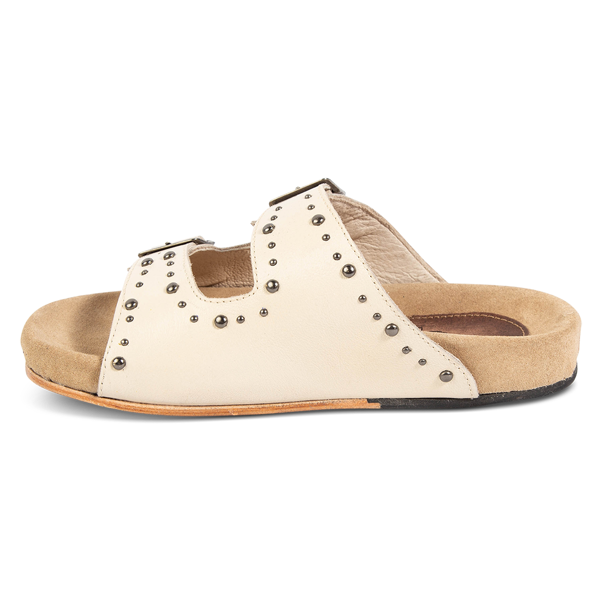 Inside view showing FREEBIRD women's Asher bone sandal with adjustable belt buckles, a suede footbed and silver embellishments