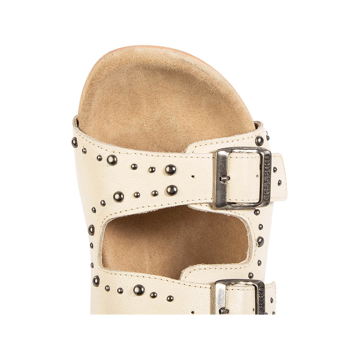 Top view showing a rounded exposed toe bed on FREEBIRD women's Asher bone sandal