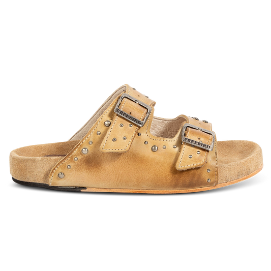FREEBIRD women's Asher natural sandal with adjustable belt buckles, a suede footbed and silver embellishments