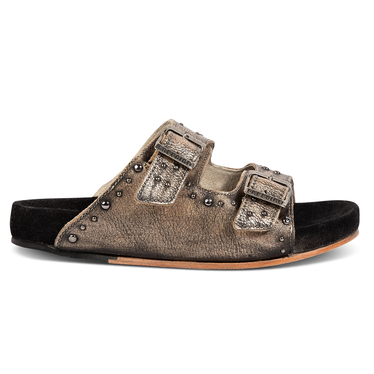 FREEBIRD women's Asher pewter sandal with adjustable belt buckles, a suede footbed and silver embellishments