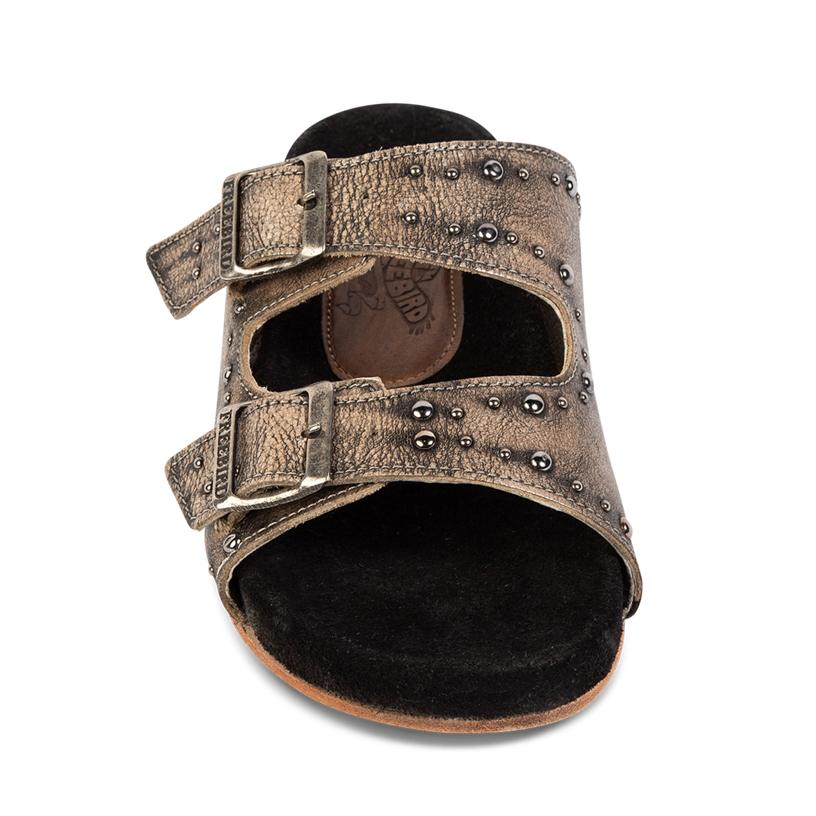 Front view showing FREEBIRD women's Asher pewter sandal with adjustable belt buckles, a suede footbed and silver embellishments