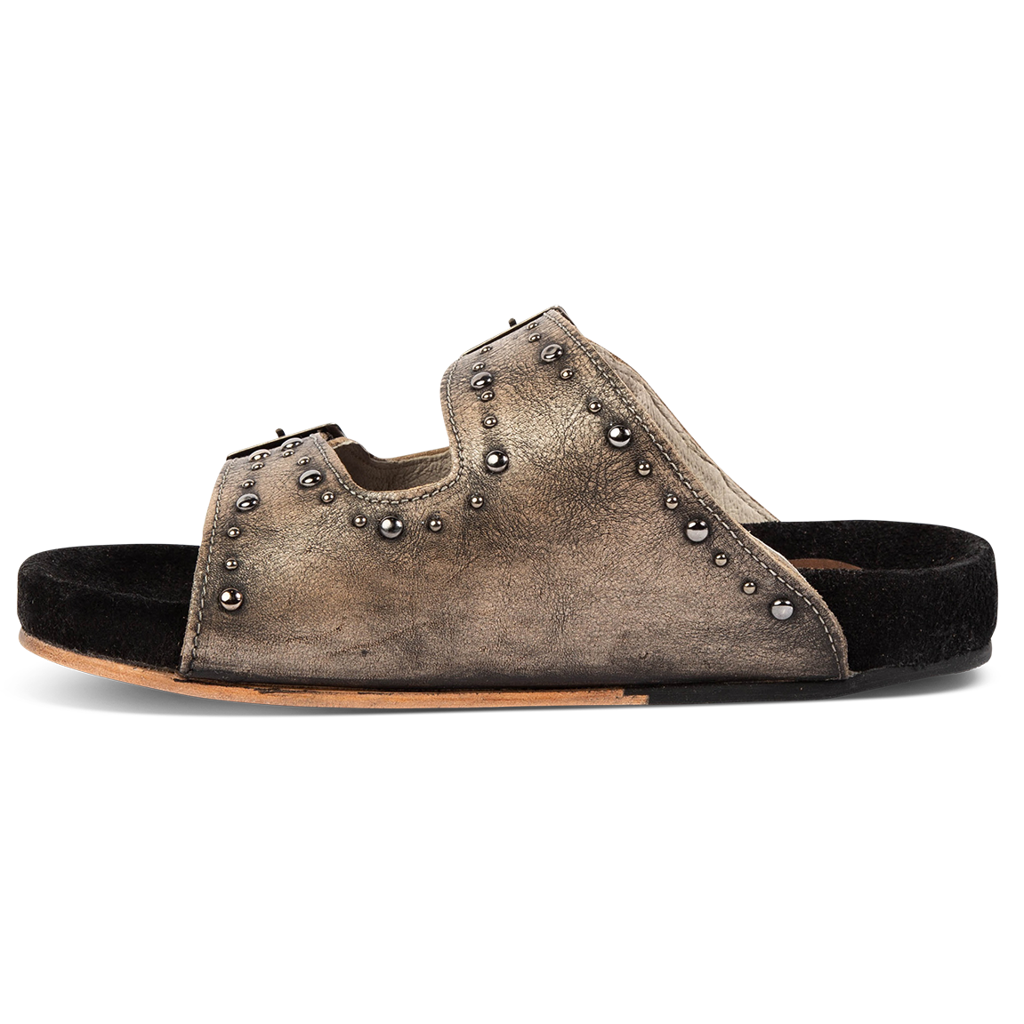 Inside view showing FREEBIRD women's Asher pewter sandal with adjustable belt buckles, a suede footbed and silver embellishments