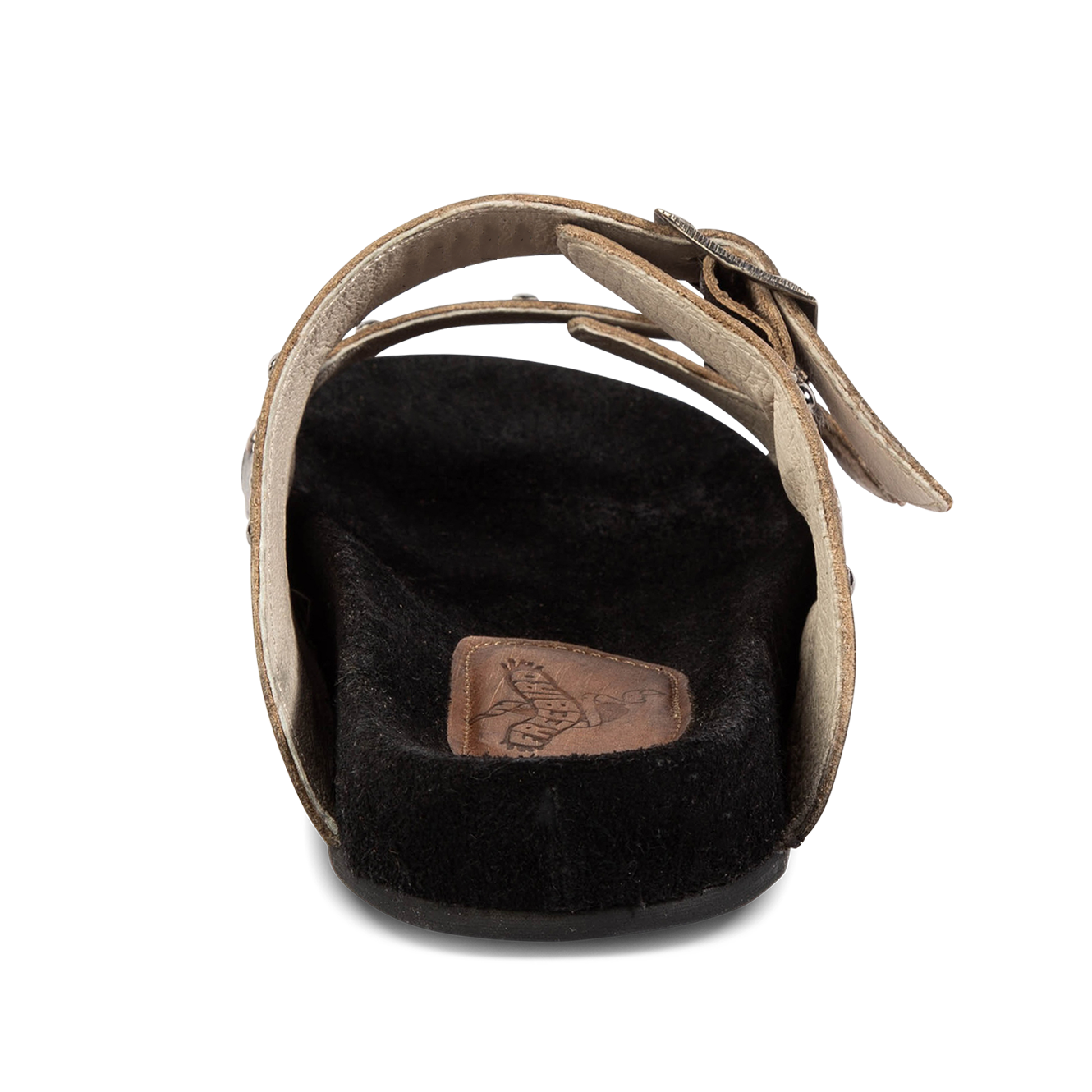 Back view showing FREEBIRD women's Asher pewter sandal with adjustable belt buckles, a suede footbed and silver embellishments