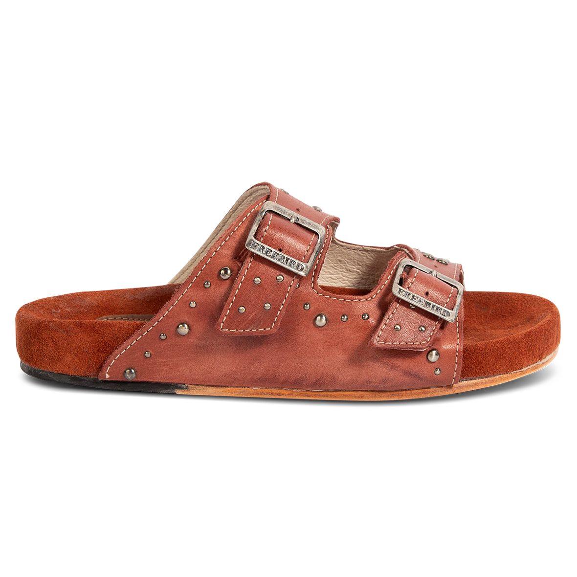 FREEBIRD women's Asher rust sandal with adjustable belt buckles, a suede footbed and silver embellishments