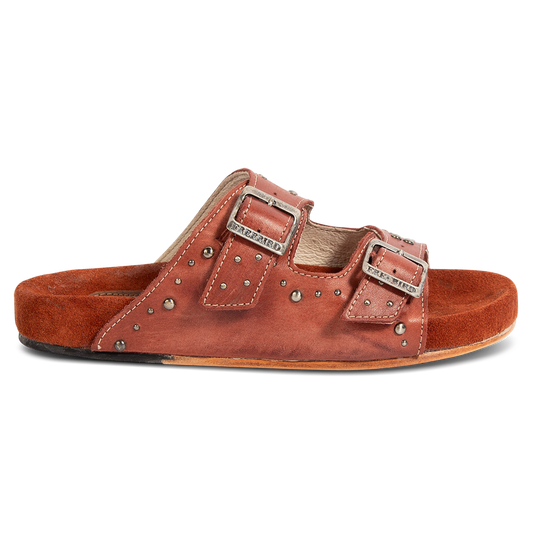 FREEBIRD women's Asher rust sandal with adjustable belt buckles, a suede footbed and silver embellishments