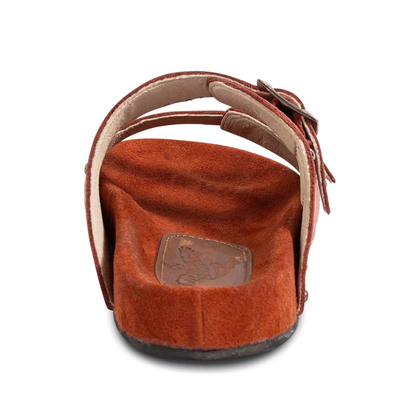 Back view showing a suede footbed on FREEBIRD women's Asher rust sandal 