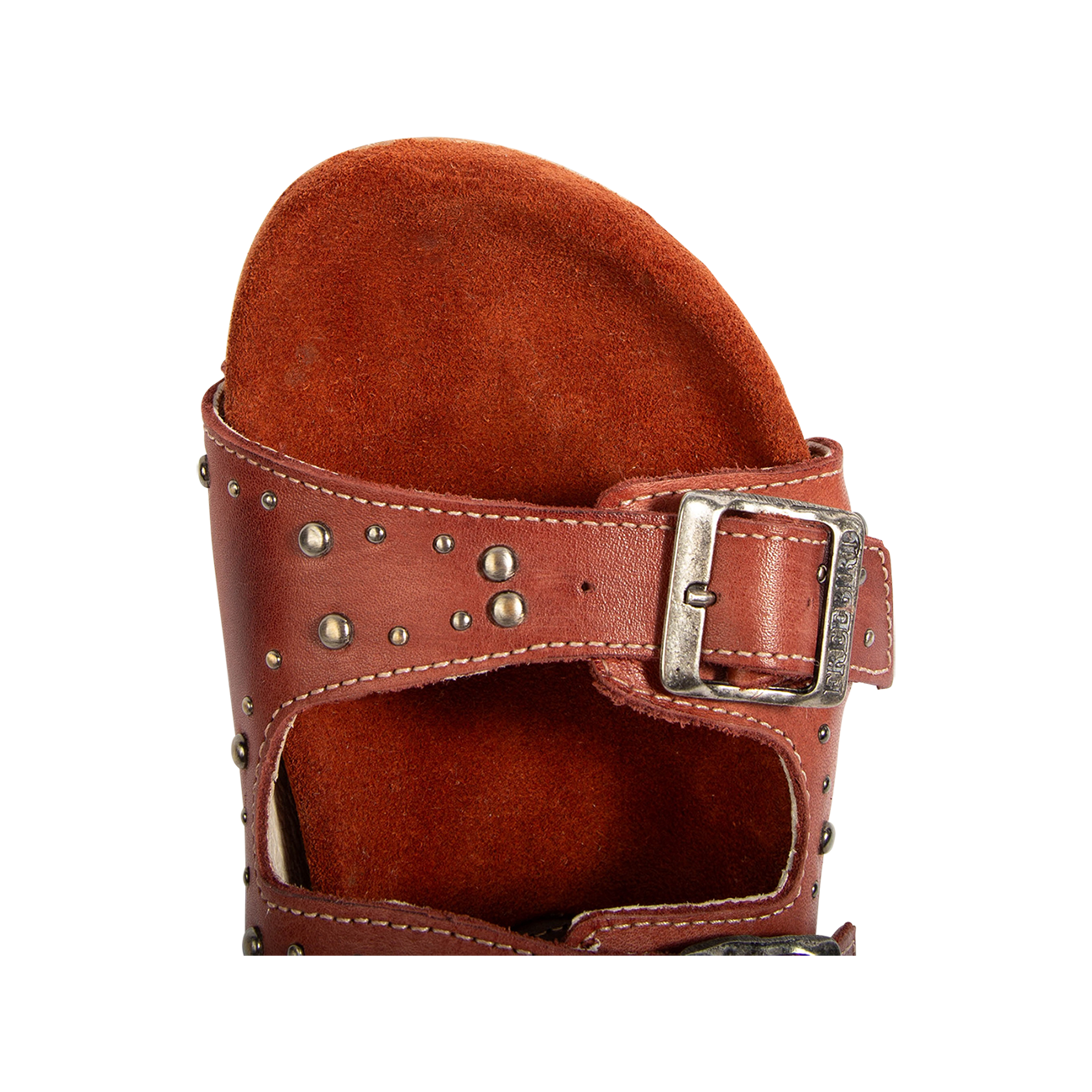Top view showing a rounded toe construction and adjustable, embellished straps on FREEBIRD women's Asher rust sandal 