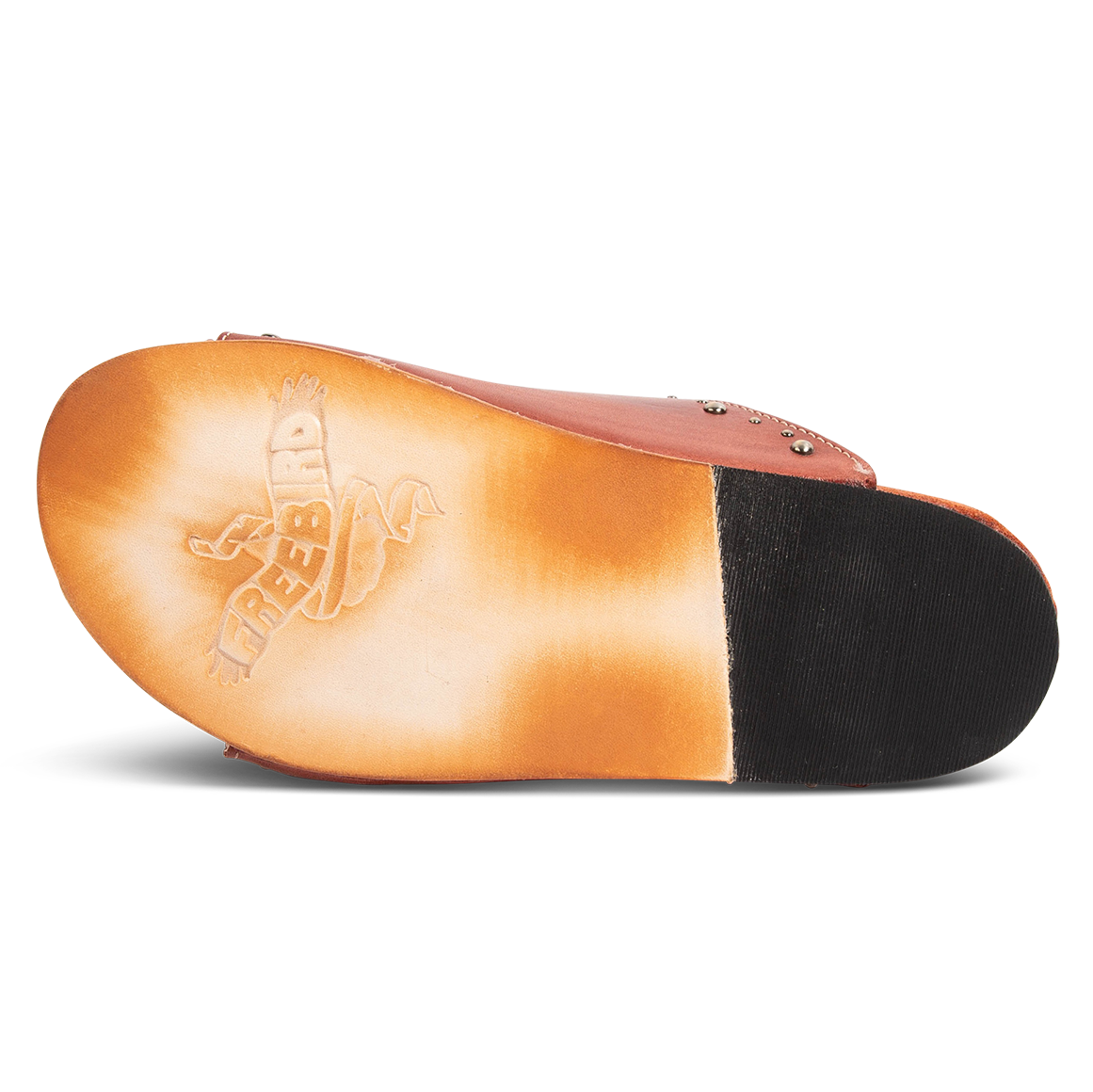 Leather sole imprinted with FREEBIRD on Asher rust women's sandal