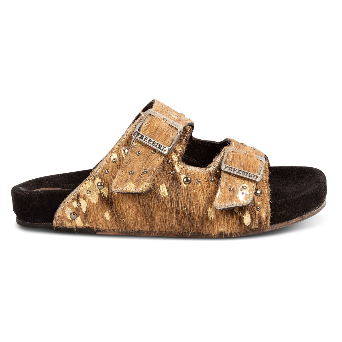 FREEBIRD women's Asher tan multi pony sandal with adjustable belt buckles, a suede footbed and silver embellishments