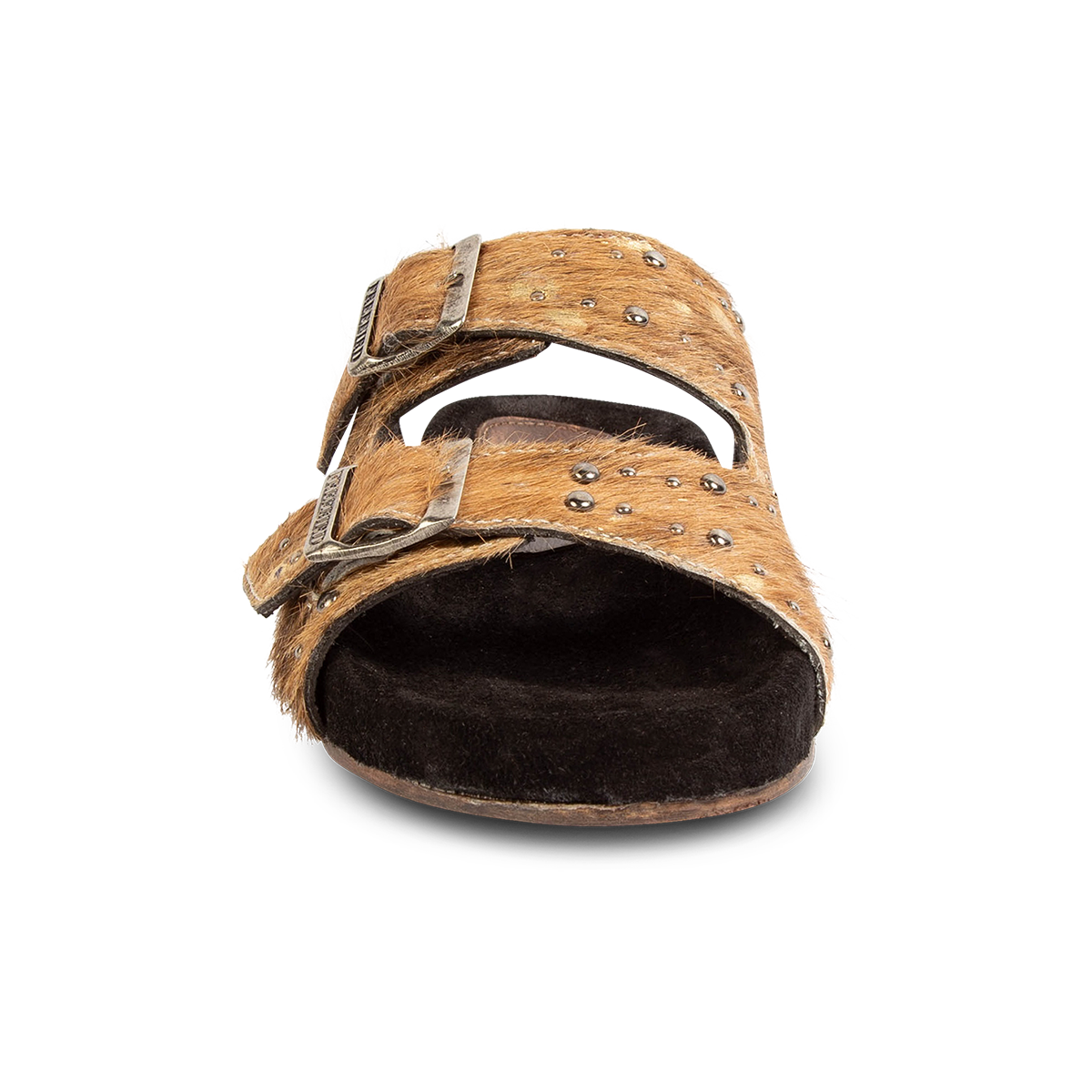 Front view showing FREEBIRD women's Asher tan multi pony sandal with adjustable belt buckles, a suede footbed and silver embellishments