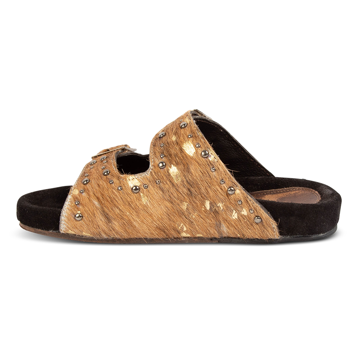 Inside view showing FREEBIRD women's Asher tan multi pony sandal with adjustable belt buckles, a suede footbed and silver embellishments