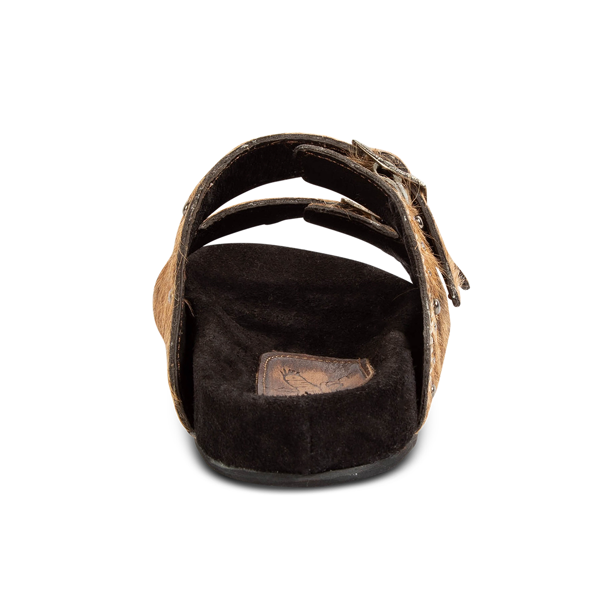 Back view showing a suede footbed on FREEBIRD women's Asher tan multi pony sandal 