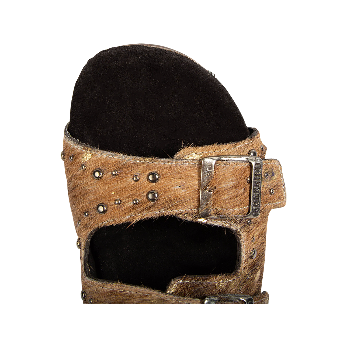 Top view showing a rounded toe construction and adjustable, embellished straps on FREEBIRD women's Asher tan multi pony sandal 