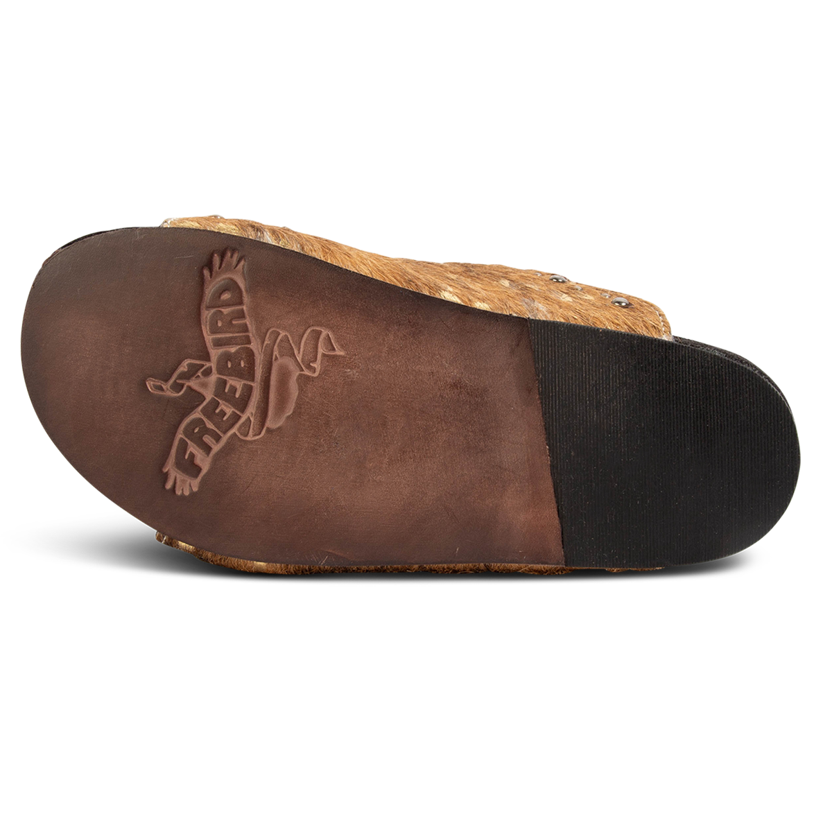 Leather sole imprinted with FREEBIRD on Asher tan multi pony women's sandal