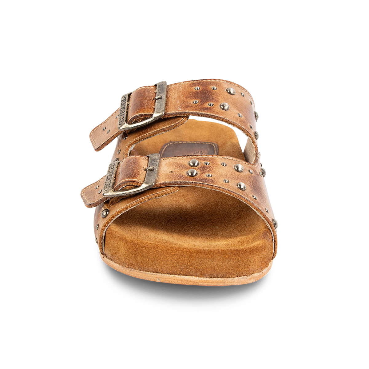Front view showing FREEBIRD women's Asher wheat sandal with adjustable belt buckles, a suede footbed and silver embellishments