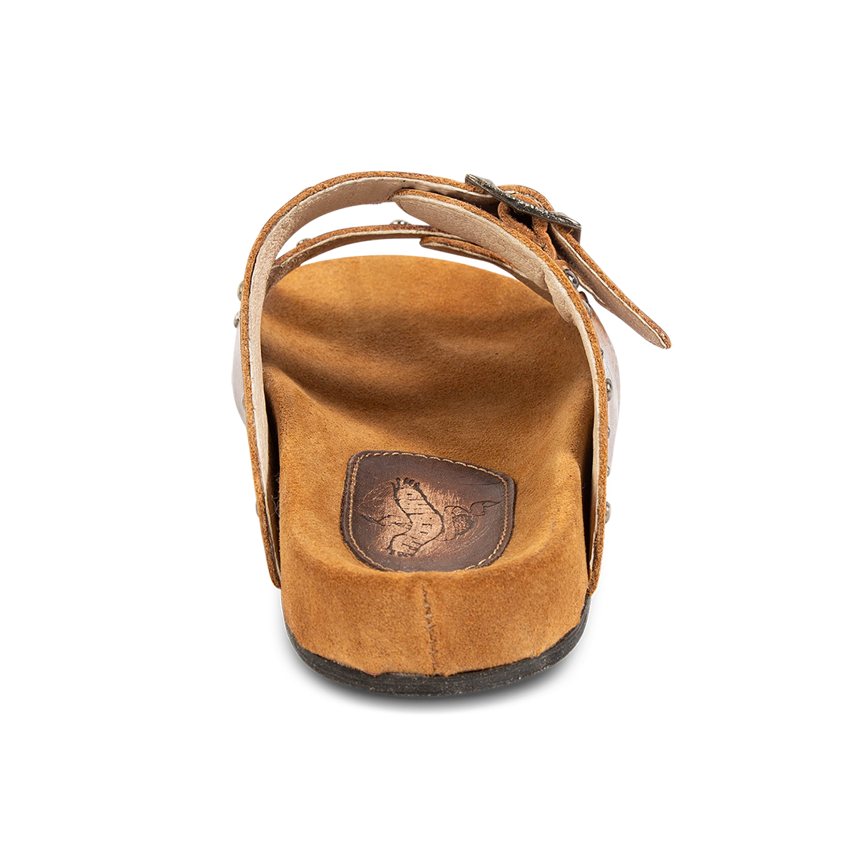 Back view showing FREEBIRD women's Asher wheat sandal with adjustable belt buckles, a suede footbed and silver embellishments