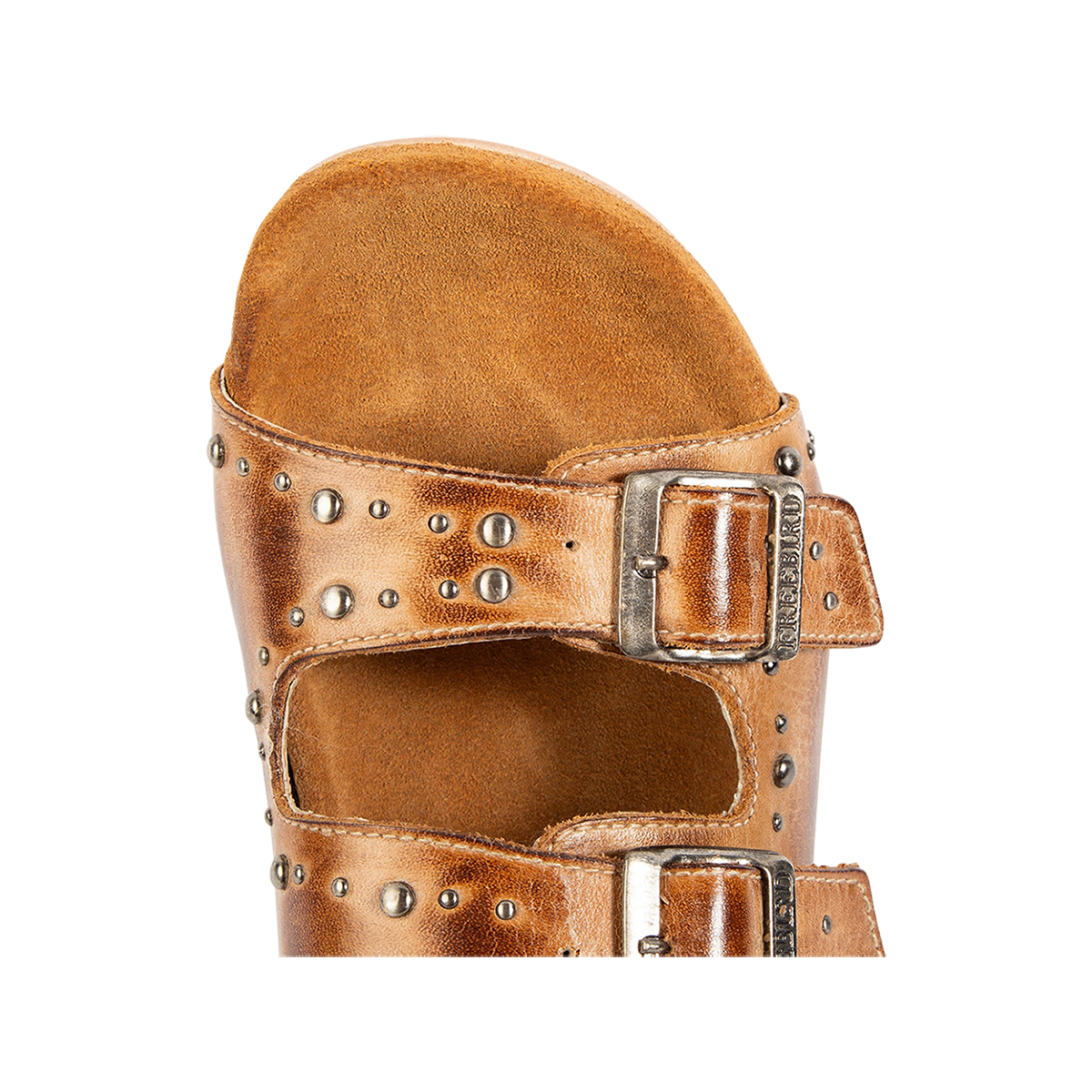 Top view showing a rounded exposed toe bed on FREEBIRD women's Asher wheat sandal