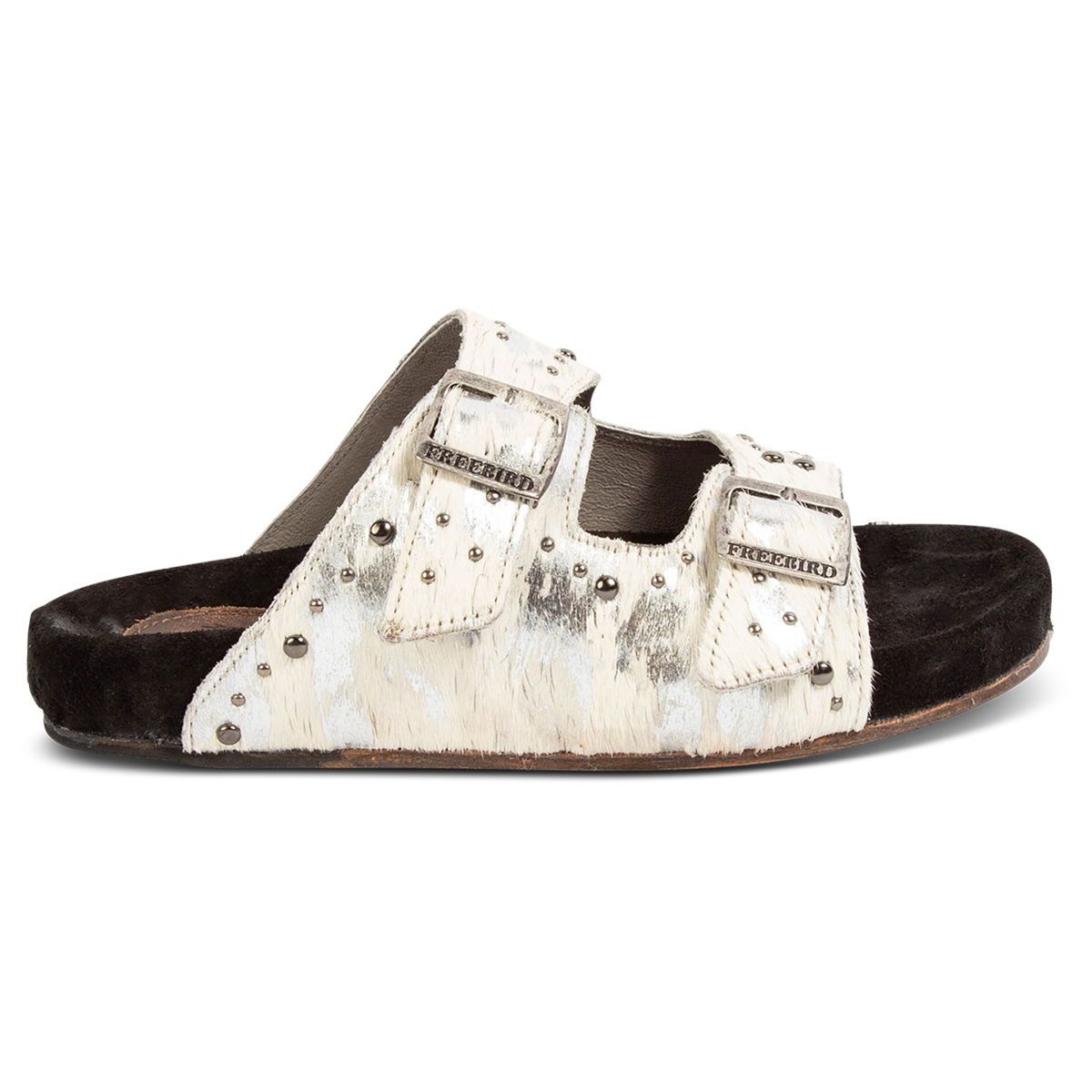 FREEBIRD women's Asher white multi pony sandal with adjustable belt buckles, a suede footbed and silver embellishments