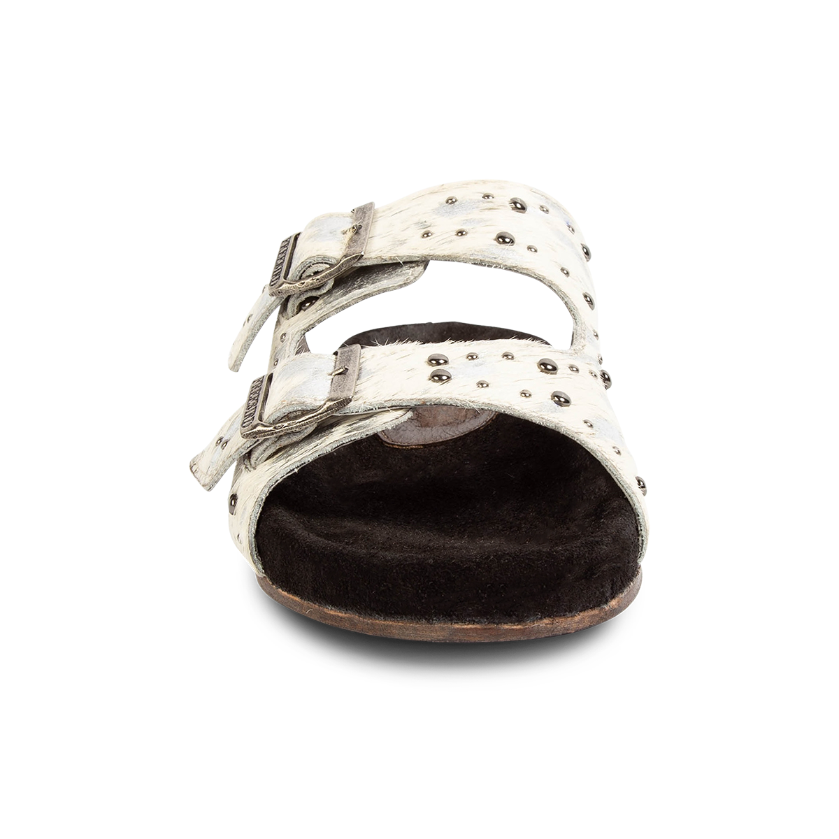 Front view showing FREEBIRD women's Asher white multi pony sandal with adjustable belt buckles, a suede footbed and silver embellishments