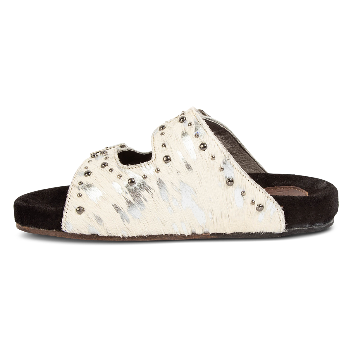 Inside view showing FREEBIRD women's Asher white multi pony sandal with adjustable belt buckles, a suede footbed and silver embellishments