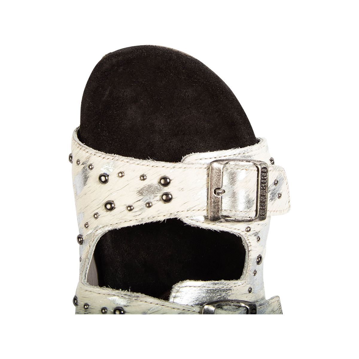 Top view showing a rounded toe construction and adjustable, embellished straps on FREEBIRD women's Asher white multi pony sandal 
