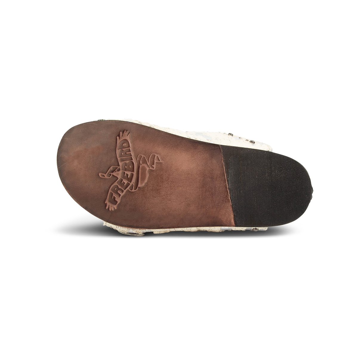 Leather sole imprinted with FREEBIRD on Asher white multi pony women's sandal