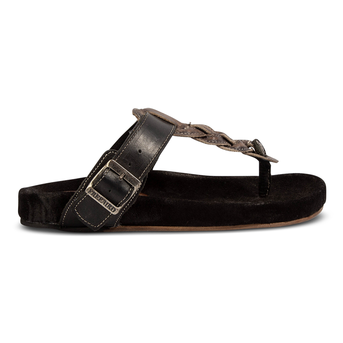 FREEBIRD women's Athena black multi leather/suede sandal with a braided strap, Freebird foot patch & adjustable leather strap