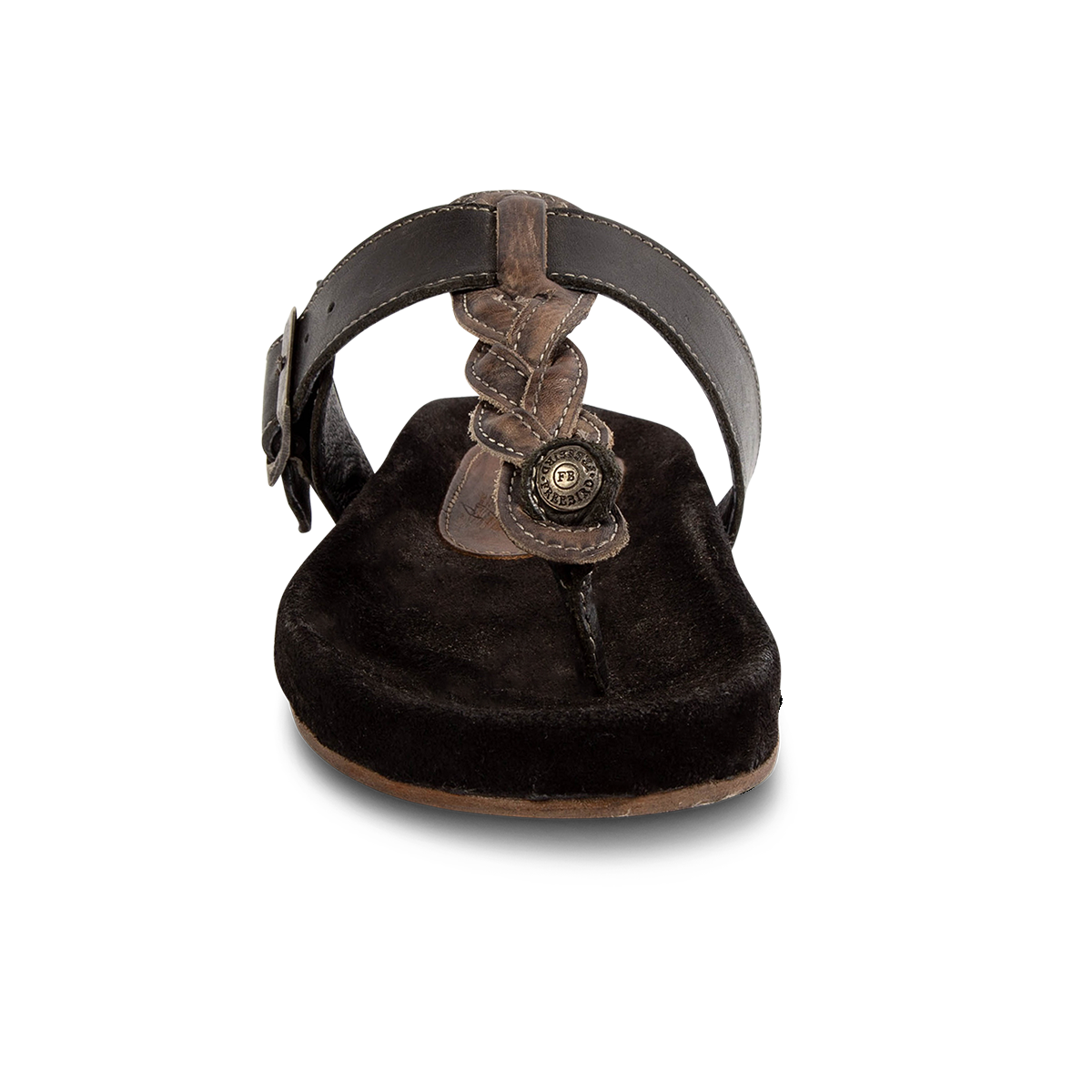 Front view showing FREEBIRD women's Athena black multi leather/suede sandal with a braided strap, round toe and FREEBIRD engraved anchor metal button