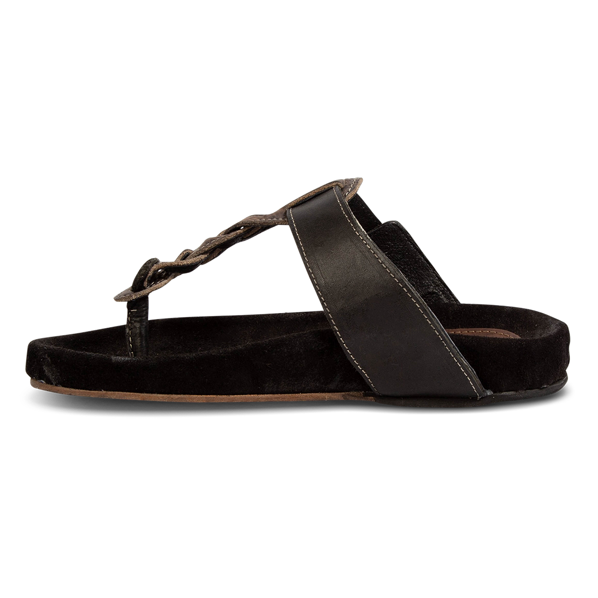 Inside view of FREEBIRD women's Athena black multi leather/suede sandal with a braided strap, adjustable leather strap and raised footbed
