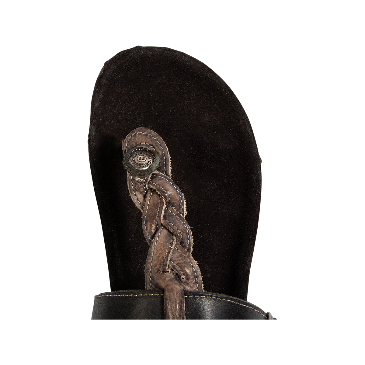 Top view showing a rounded toe and braided strap on FREEBIRD women's Athena black multi leather/suede sandal 