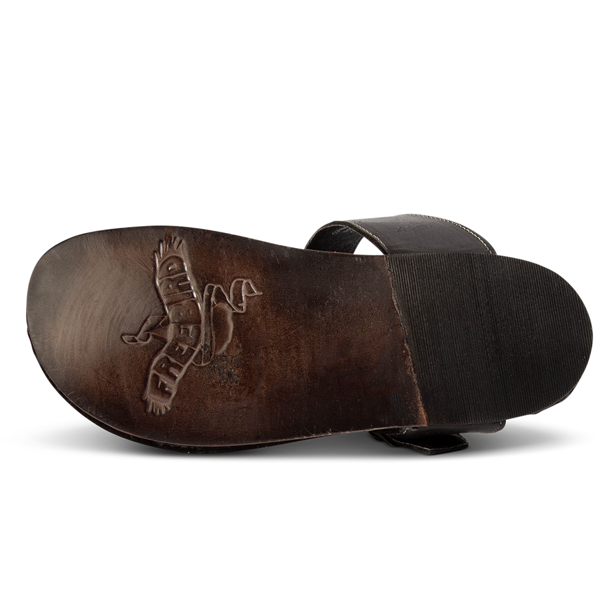Leather sole imprinted with FREEBIRD on women's Athena black multi leather/suede sandal