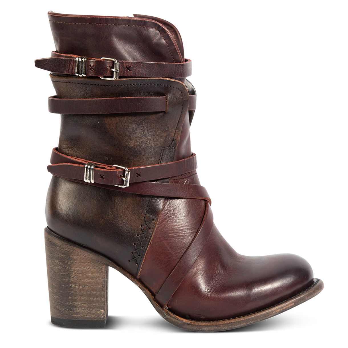 FREEBIRD women's Baker wine multi inside brass zip closure boot with fashion straps and stacked heel