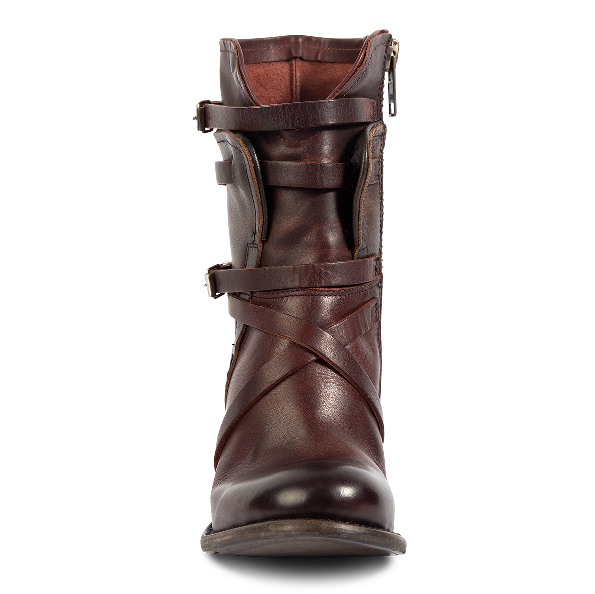 Front view showing front cut-out and leather fashion straps on FREEBIRD women's Baker wine multi boot