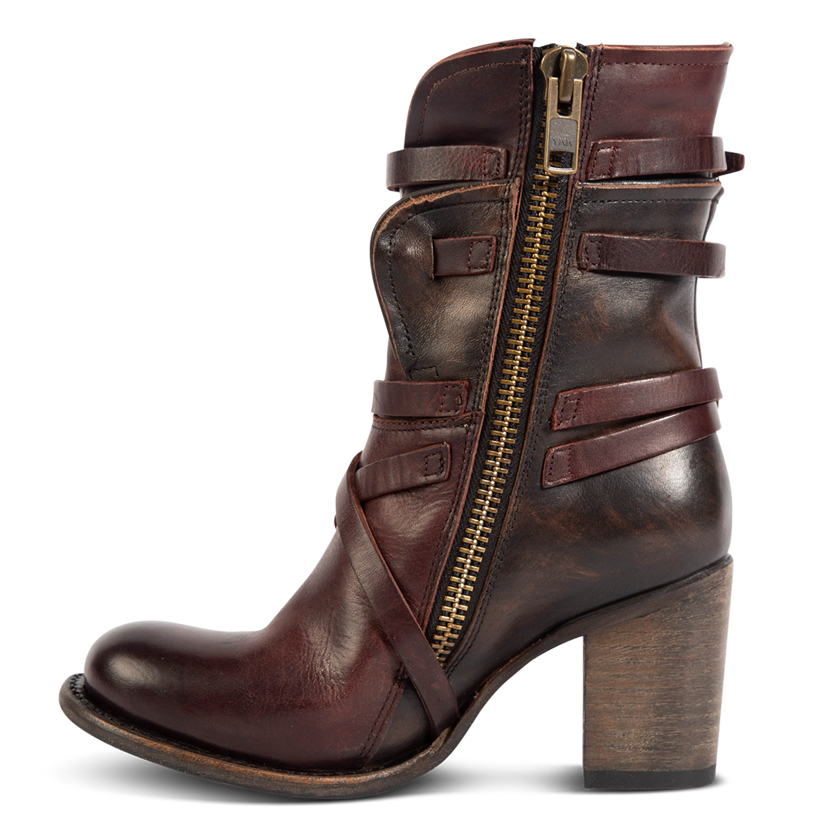 Inside view showing working brass zip closure and stacked heel on FREEBIRD women's Baker wine multi boot