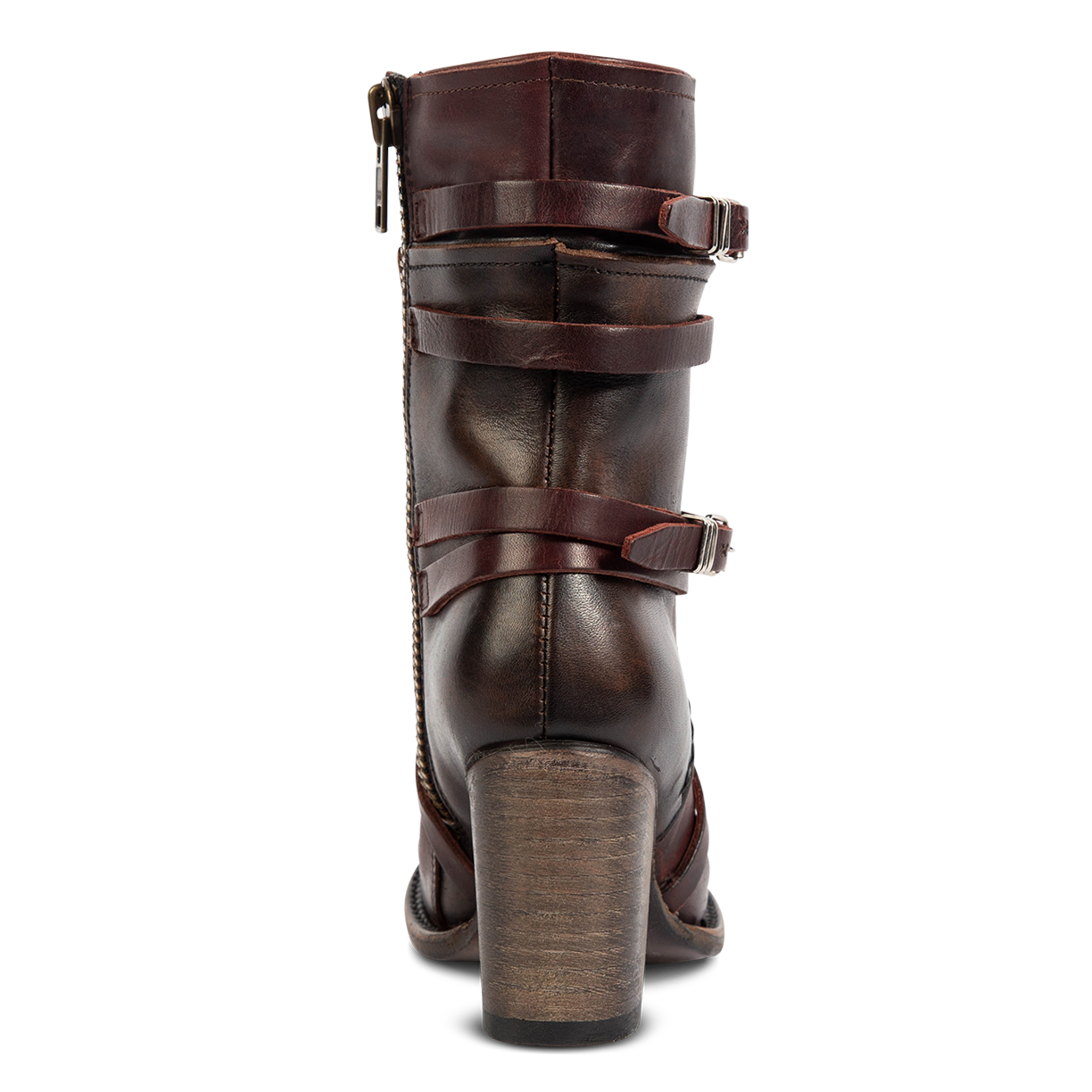 Back view showing adjustable leather straps with silver hardware on FREEBIRD women's Baker wine multi boot
