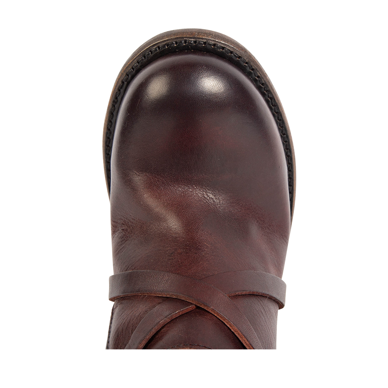 Top view showing round toe and leather ankle straps on FREEBIRD women's Baker wine multi boot