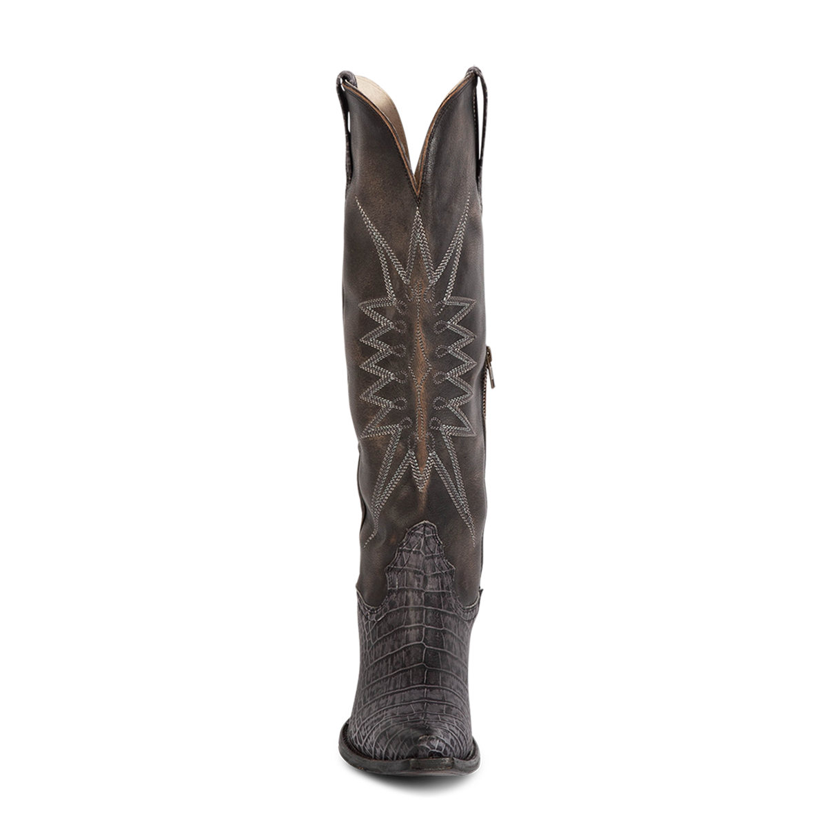 Front view showing Freebird women's BAMBI black croco multi leather knee high boot with starburst shaft stitching, embossed leather detailing and symmetrical pull tabs