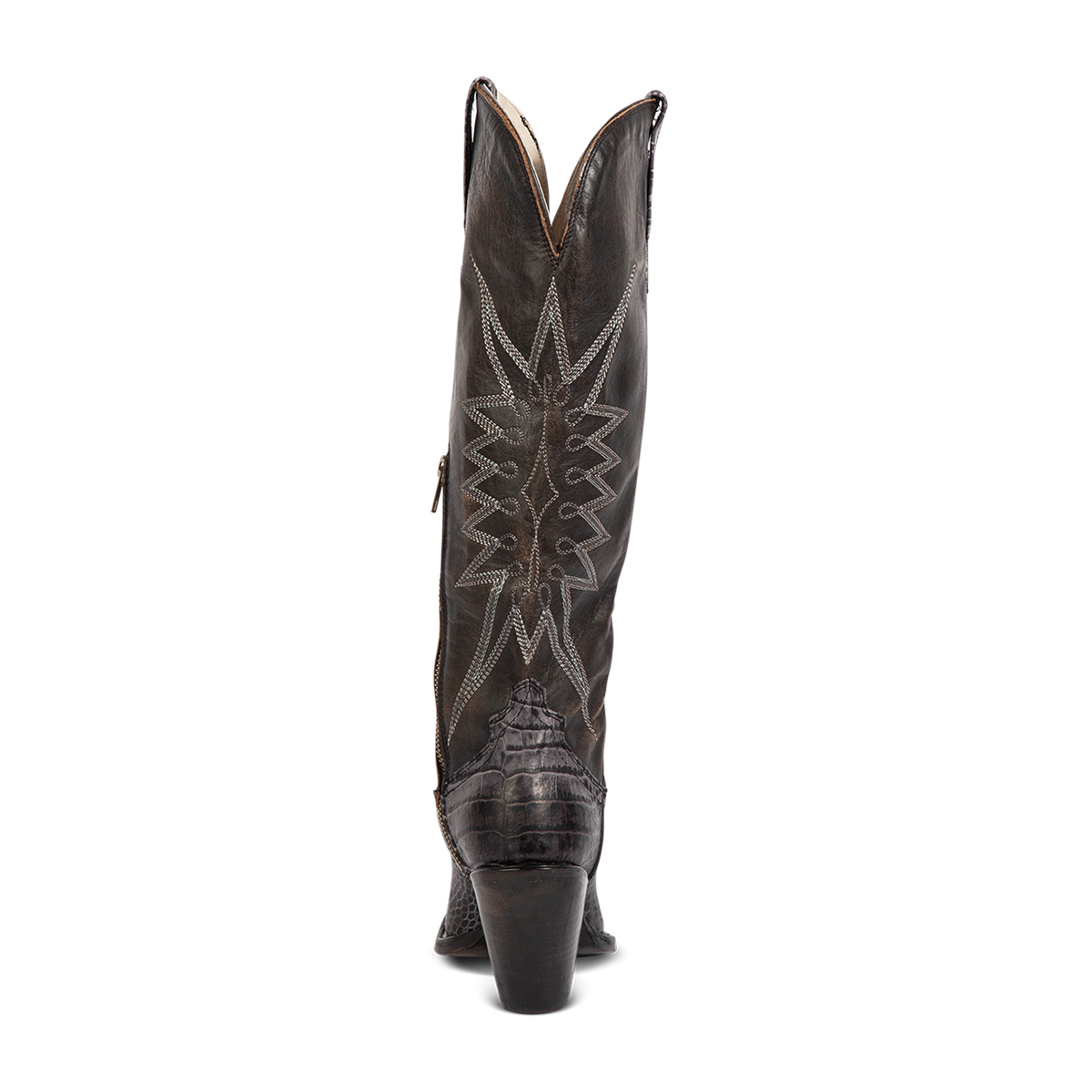 Back view showing Freebird women's BAMBI black croco multi leather knee high boot with starburst shaft stitching, embossed leather detailing and a lifted heel
