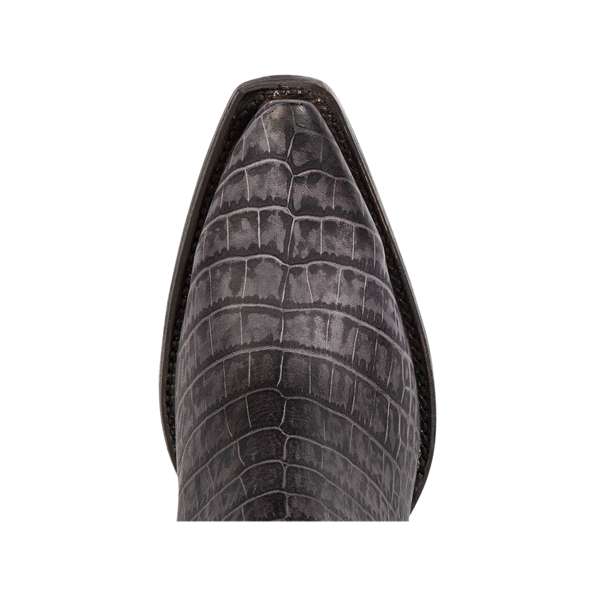 Top view showing snip toe construction on Freebird women's BAMBI black croco multi leather knee high boot 