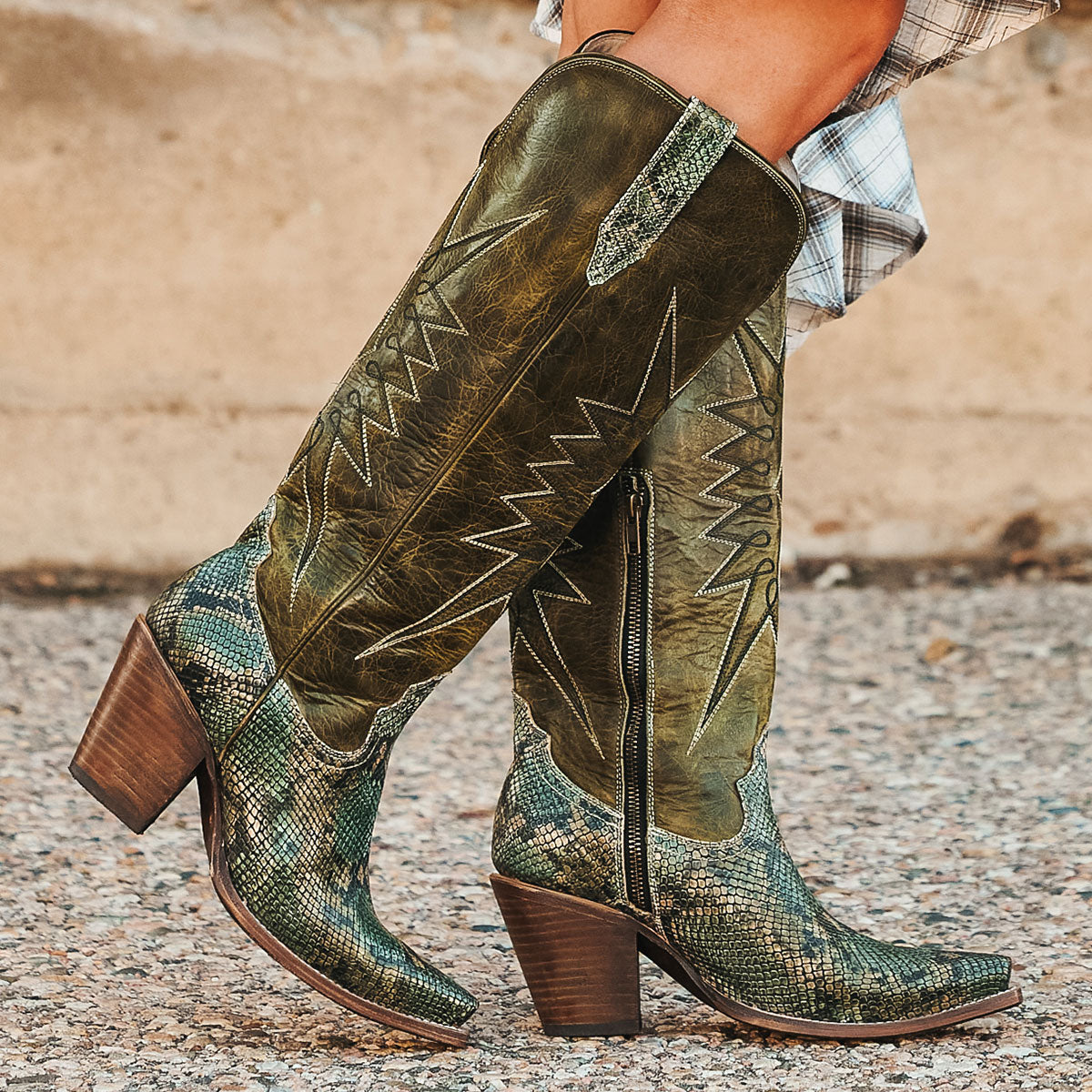 Freebird women's BAMBI green snake multi leather knee high boot with starburst shaft stitching, embossed leather detailing and an inside brass zipper