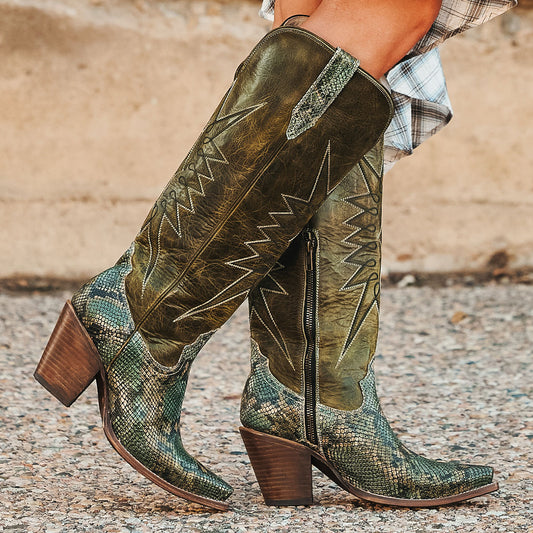 Freebird women's BAMBI green snake multi leather knee high boot with starburst shaft stitching, embossed leather detailing and an inside brass zipper