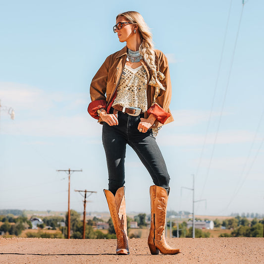 Freebird women's BAMBI tan croco multi leather knee high boot with starburst shaft stitching, embossed leather detailing and an inside brass zipper lifestyle