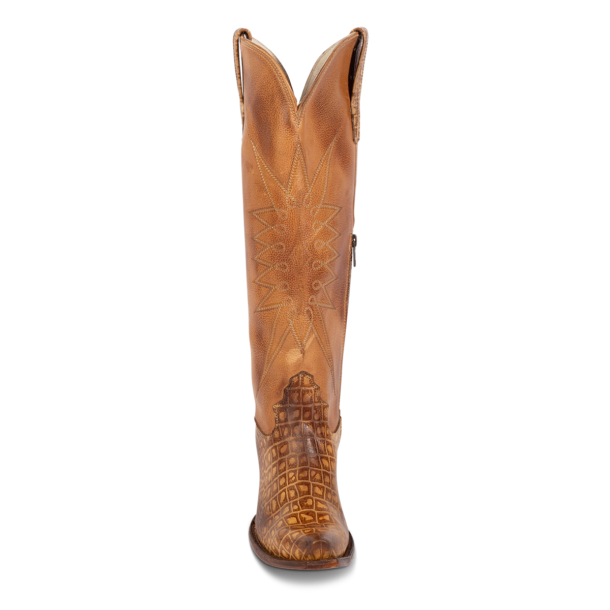 Front view showing Freebird women's BAMBI tan croco multi leather knee high boot with starburst shaft stitching, embossed leather detailing and symmetrical pull tabs