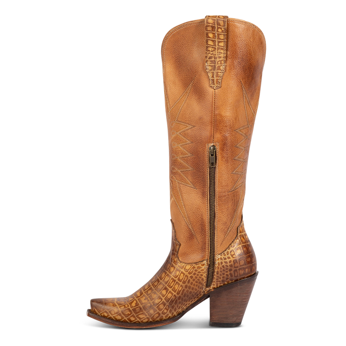 Inside view showing Freebird women's BAMBI tan croco multi leather knee high boot with starburst shaft stitching, embossed leather detailing and an inside brass zipper
