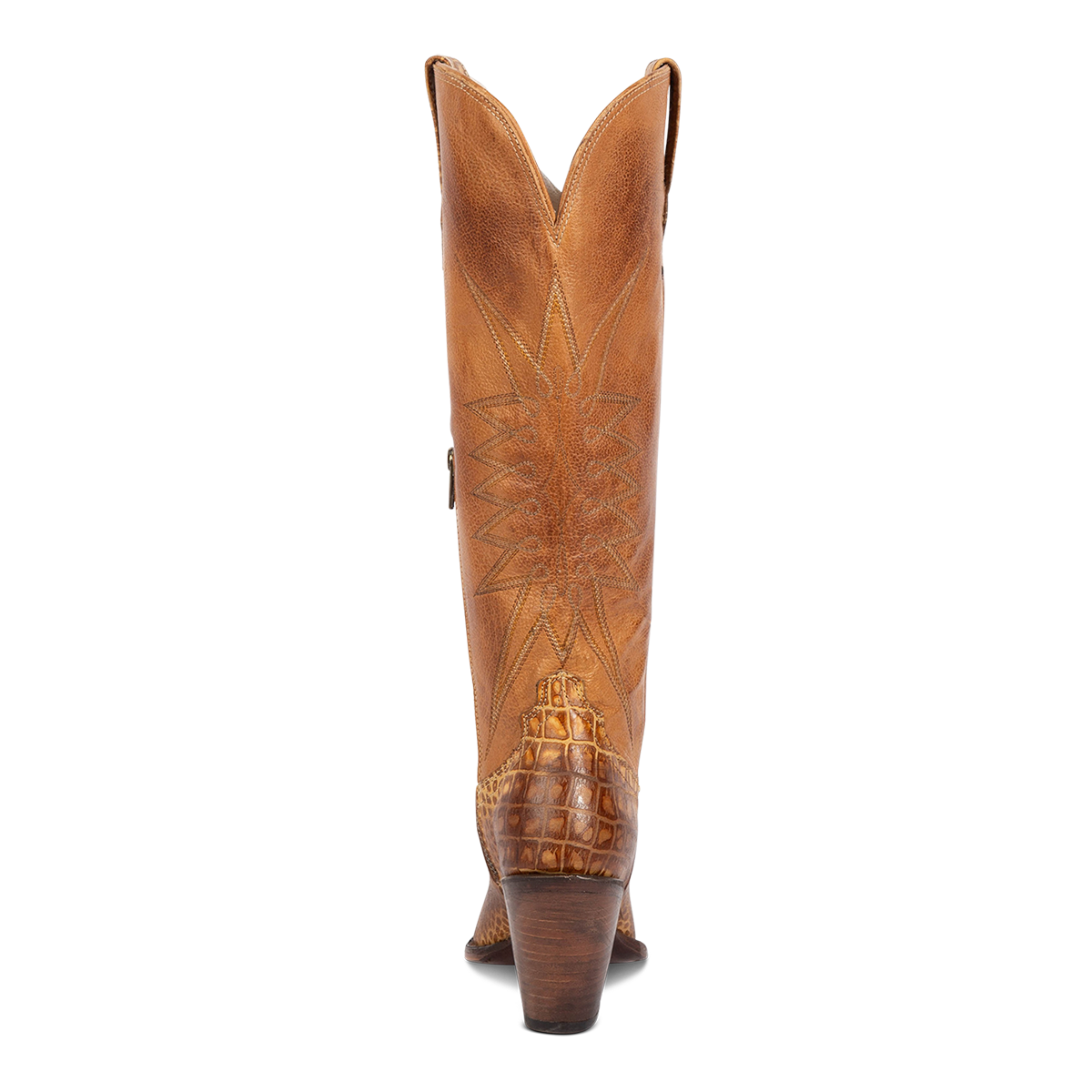 Back view showing Freebird women's BAMBI tan croco multi leather knee high boot with starburst shaft stitching, embossed leather detailing and a lifted heel