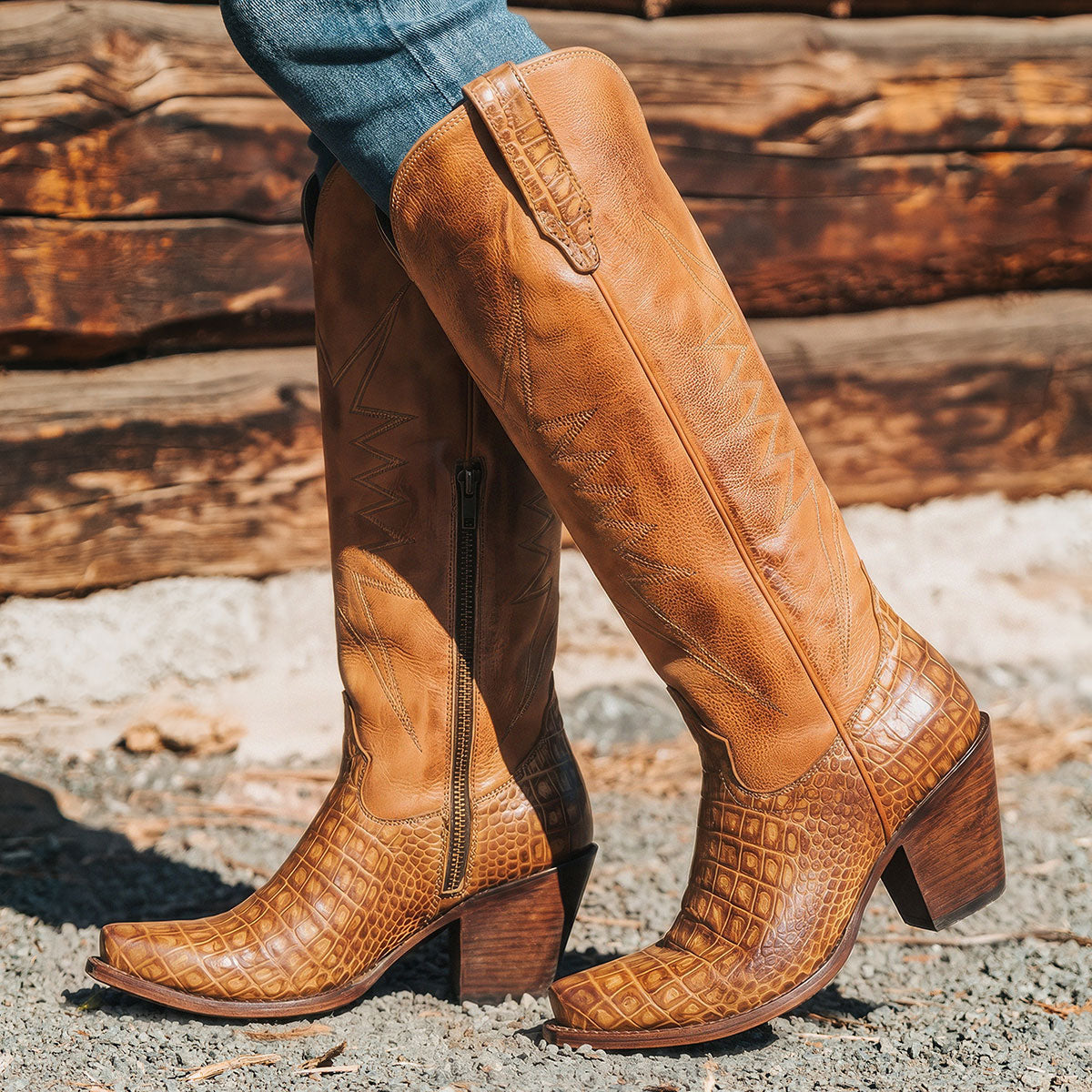 Freebird women's BAMBI tan croco multi leather knee high boot with starburst shaft stitching, embossed leather detailing and an inside brass zipper